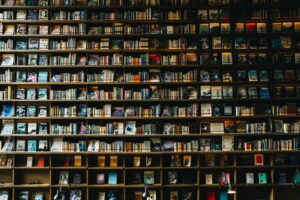 Books fill a wooden bookshelf.